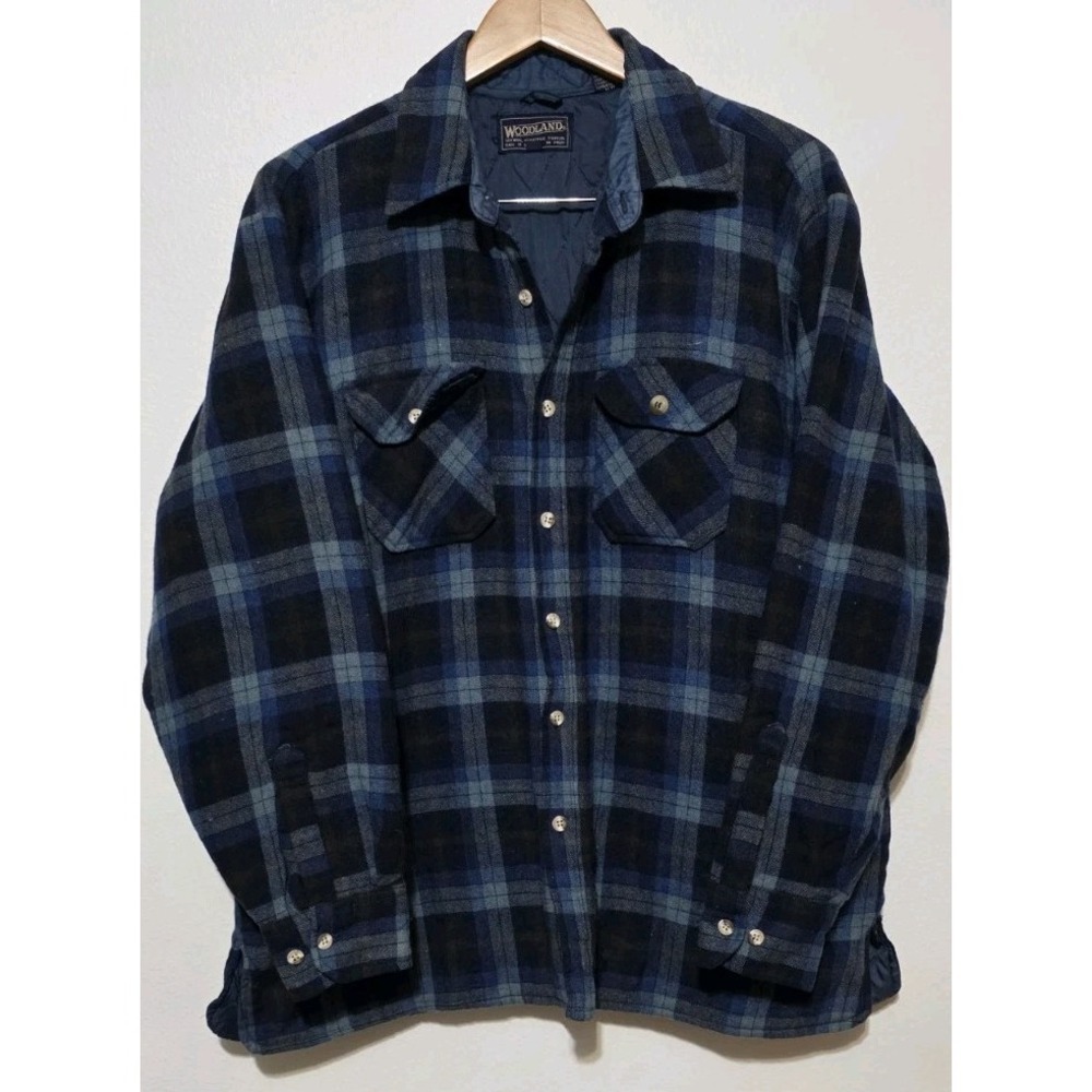 Vintage Woodland Wool Men XL Quilted Coat‎ Plaid Flannel Shacket Insulated Blue